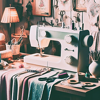 Blick in ein Nähatelier mit Nähmaschine und Stoffen