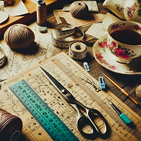 Ein Zuschneidetisch mit Schnittmustern und Linealen, Maßband, Schere, Nadeln im vintage re